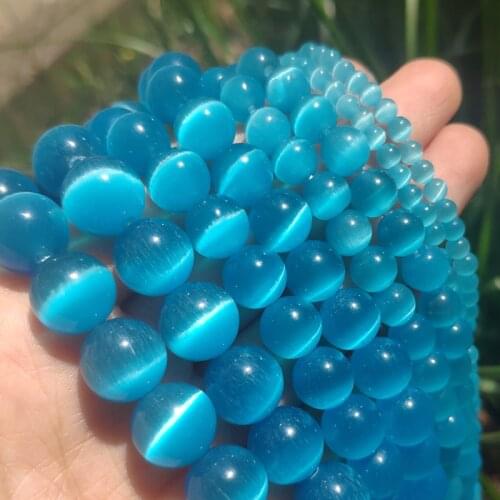 AAA+ 4/6/8/10/12mm Sky Blue Cat Eye Opal Beads Round Loose Stone Beads for Jewelry Making DIY Bracelet 15" Strand
