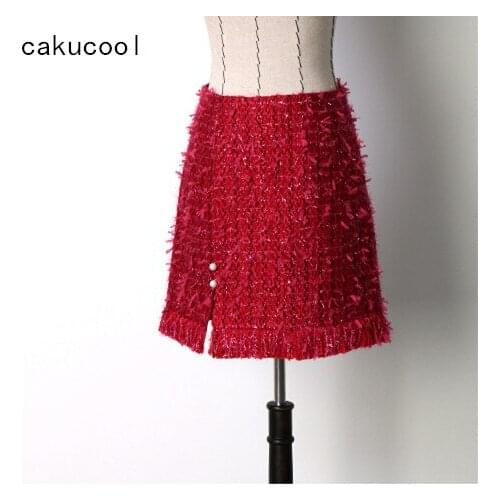 Cakucool New A-line Skirt Women Autumn Winter Woolen Sweet Luxury Tassels Korean Mini Skirts Spring Elegant Pearl Button Skirt