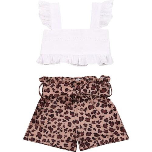 Kids Girl’s Summer Two Piece Set Fashion Solid Color Fly Sleeve Tops and Leopard Bandage Shorts Set