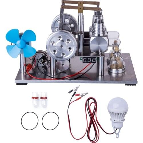 Balance Type Two Cylinder Hot Air Stirling Engine Generator Model Science Experiment Educational Toy with Fan Voltage Meter Bulb