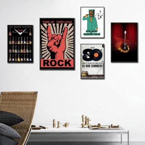 Canvas Painting Retro Rock Music Pop Guitar Record Poster Wall Picture for Pub Bar Cafe Man Cave Mural Home Decor Wall Art
