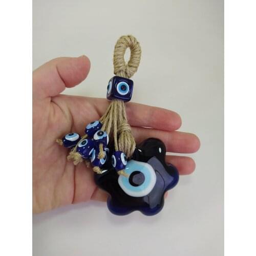 Tasselled Flower Evil Eye Wall Hanging Handmade Glass Bead Pendant Charm Turkish Amulet Talisman Nazar Protector Boho Home Decor