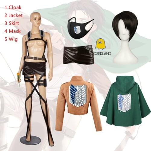 Attack on Titan Levi Ackerman Cosplay Costume Anime Cloak Jacket Skirt Shingeki no Kyojin Straps Black Wig Scouting Legion Cape