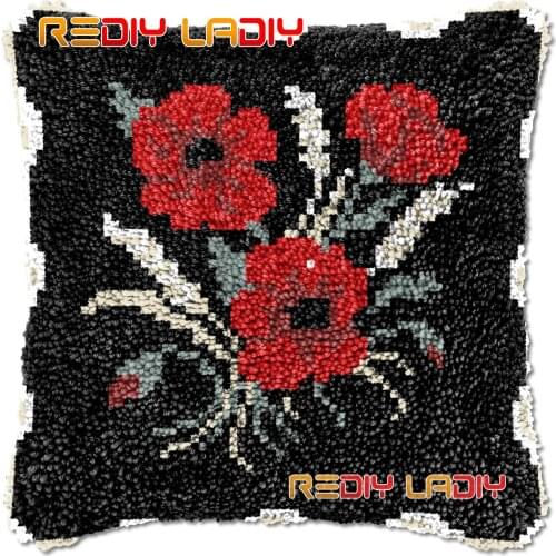 Latch Hook Cushion Poppies in Black DIY Needlepoint Kits Chunky Acrylic Yarn Arts Crocheting Lofty Pillow Case Hobby & Crafts