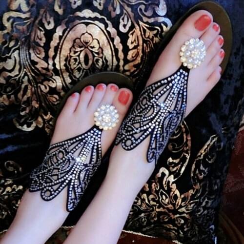Summer Bling Crystal Drilled Peacock Tail Pearl Rhinestone Flower Sandals Girls Thong toe Beauty Flats Flip Flops Sandals Shoes
