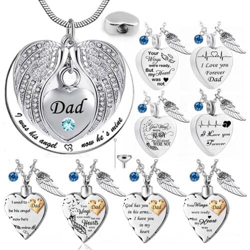 March Dark Blue Birthstone And Angel Wing Cremation Urn Necklace for Ashes Urn Jewelry Crystal Heart Keepsake Pendant for Dad
