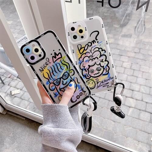 Cute Carton Print Chain Phone Case For IPhone 12 11 Pro Xs Max X Xr 7 8 Plus Se2 Shockproof Camera Protective Silicone Cover