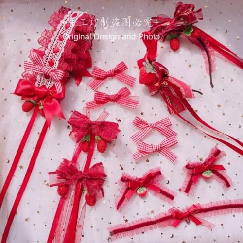 Lolita Cute Strawberry Jam Hair clip Soft sister Kawaii Ribbon KC Hair hoop headband Sweet Necklace Hair Accessories Cosplay
