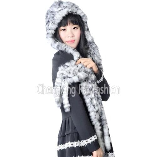 CX-C-19 Fashion Handmade Genuine Rabbit Fur Knitted Hat With Scarf