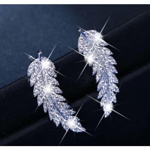 Fashion Statements Stud Earrings For Women Delicate Rhinestone Feather & Leaf Shape Cuff Ear Rings Gold Crystal Sparkling