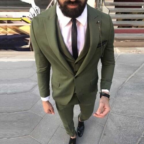 2019 New Fashion One Button Green Mens Suits Groom Tuxedos Peak Lapel Prom Men Wedding Suits 3Pcs (Jacket+Pants+Vest+Tie)