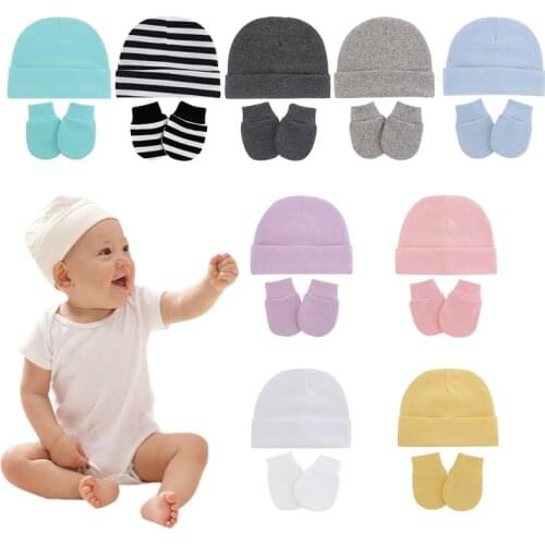Baby Infants Anti Scratching Cotton Gloves+Hat Set Newborn Mittens Warm Cap Kit B36E