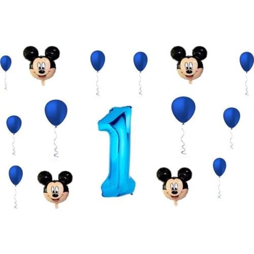 First birthday balloons Mickey lot of 15 balloons number one blue 100cm 4 balloons mickey 30cm 10 balloons latex Blue 25 cm