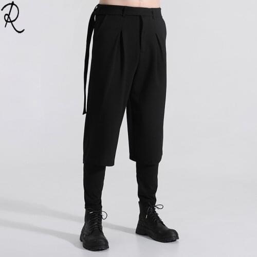 Fall New British retro style waist belt with a sense of drooping wide leg pants false two nine-point pants man