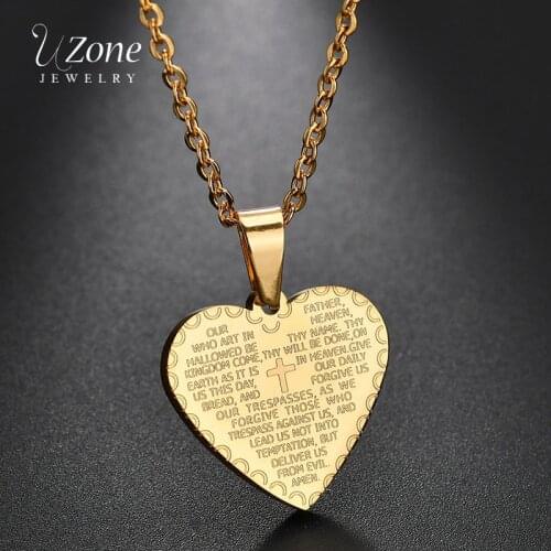 UZone Fashion Stainless Stee Gold Holy Bible Pendant Necklaces Prayer Heart Jesus Cross Christian Scripture Link Chain