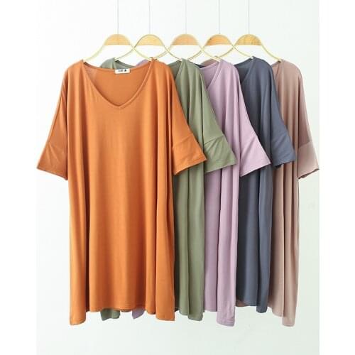 Oversized 8XL 40~120kg Modal Dress for women Summer Solid Color Nightshirts V Neck Lady Casual Dress For Women Soft Homedress