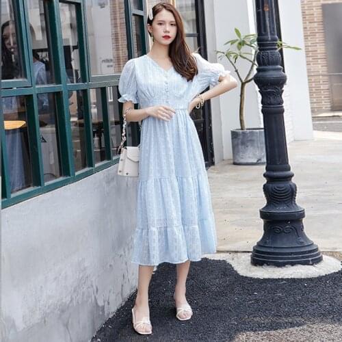 Elegant V-neck Dress Women Summer Pleated Short Sleeve Dress Women High Waist Button Multi-layer Jacquard Dress Women