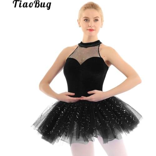 TiaoBug Adult Sleeveless Shiny Sequins Velvet Tutu Ballet Gymnastics Leotard Dress Women Performance Competition Dance Costume