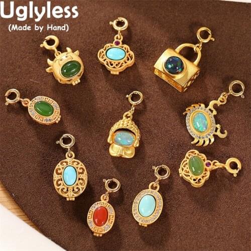 Uglyless Opening MINI Gemstones Pendants Necklaces NO Chain Creative Crab OX Baby Buddha Jewelry Opal Turquoise Rings 925 Silver
