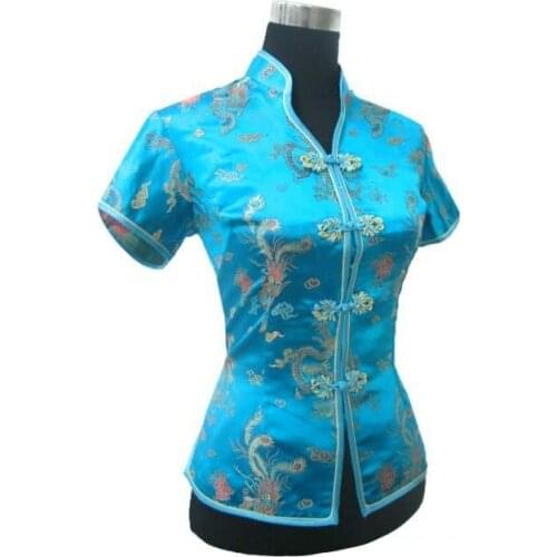 Promotion Blue Chinese Style Women Summer Blouse V-Neck Shirt Tops Silk Satin Tang Suit Top S M L XL XXL XXXL JY0044-4