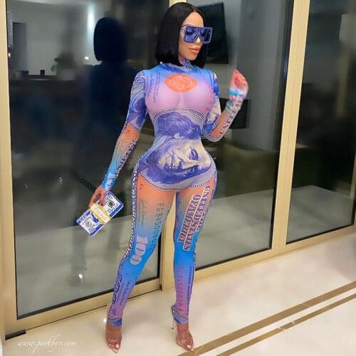 Xingqing Women Jumpsuit Autumn and Winter Adults Long Sleeve Dollar Printed Mesh Romper One Piece Rompers Womens Jumpsuits