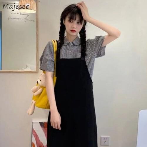 Sets Women Summer New Ladies Black Straps Plaid Shirts Outfits Two Pieces Design All-match Sweet Students Trendy Casual Chemise