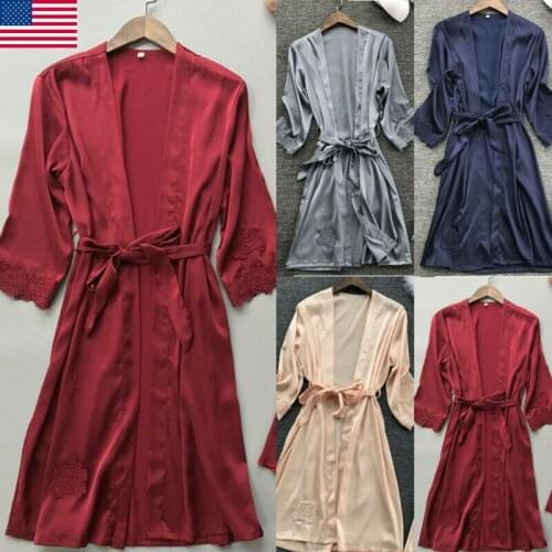 Women Satin Silk Lace Robe Dress Gown Kimono Bridal Wedding Sleepwear Nightdress