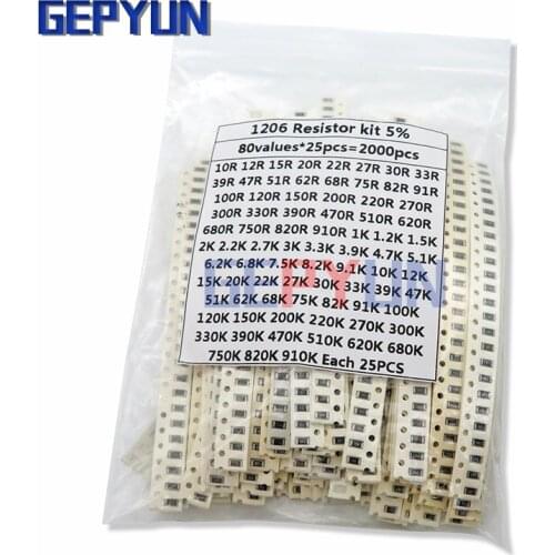 2000PCS 10 ohm-910K ohm 1206 SMD Resistor Kit Assorted set 5% 80values*25PCS SMD Resistors 10K 470/100/680 ohm resistance pack