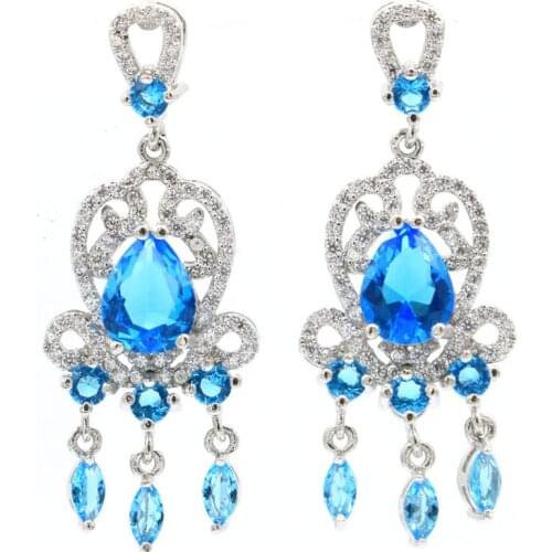 39x23mm Highly Recommend London Blue Topaz CZ Women Bride Engagement 925 Sterling Silver Earrings