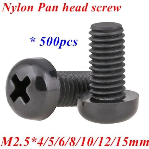 500pcs Thread 2.5mm M2.5*4/5/6/8/10/12 GB818 Black Nylon Round Pan Head Screw Phillips Crossed head Machine screws M2.5 Hex Nut