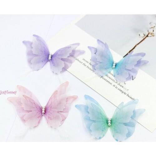 40PCS 4-layered Organza Swallowtail butterfly appliques 6.5CM Silk Butterflies w/ Pearl for Jewelry Making, Choker, Hair Clips