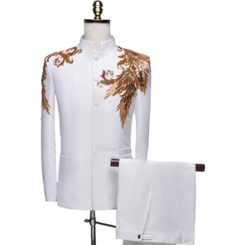 Sequin Chinese tunic suit set with pants mens wedding suits costume singer star style dance stage clothing formal dress 994