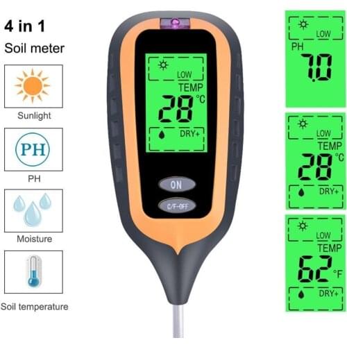 4 IN 1 Digital Soil Moisture Meter PH Meter Temperature Sunlight Tester for Garden Farm Lawn Plant with LCD Displayer
