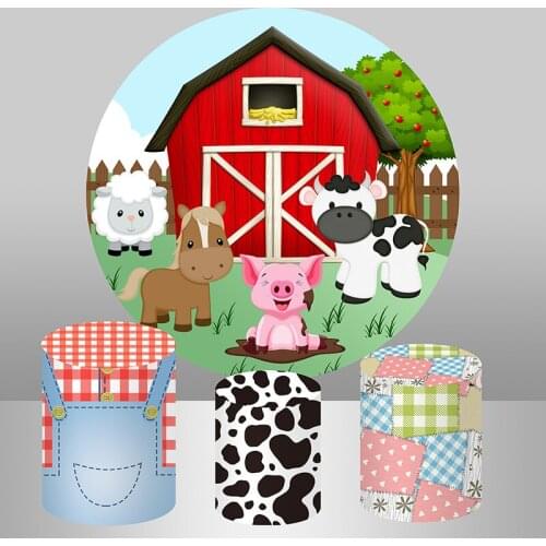 Baby Shower First Birthday Party Photo Background Cartoon Animals Cow Red Farm Circle Round Backdrop Banner Cylinder Covers