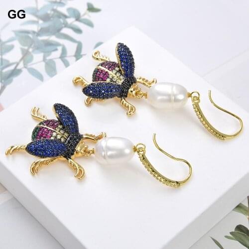 GuaiGuai Jewelry Cultured White Rice Pearl Insect Cz Pave Hook Dangle Earrings
