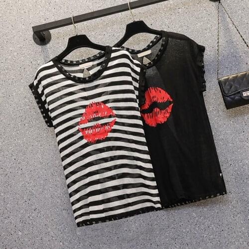 M-4XL plus size women thin kint sweater T-shirt 2021 Summer short sleeve o neck Stripe loose Oversized female pullover jumper