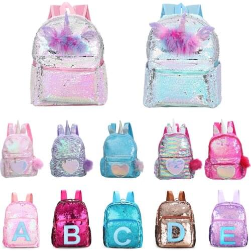 Fashion Mermaid Sequin Backpacks for Girls Children Large Letter Unicorn School Bag Teenager Hologram Heart Love Backpack