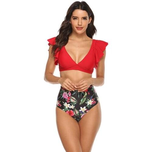 Fashion Women Swinsuit Push Up Female Bathing Suit High Waist Print Bikini Set Separate Two Piece Swimwear Red Black