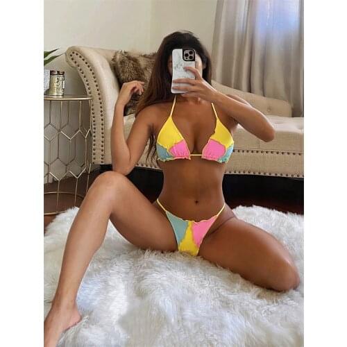 Fashion Pure Color Stitching Design Pleat LowCut Halter Swimsuit Women Sexy HighWaist Adjustable Quick-Dry Sling Bikini Swimwear