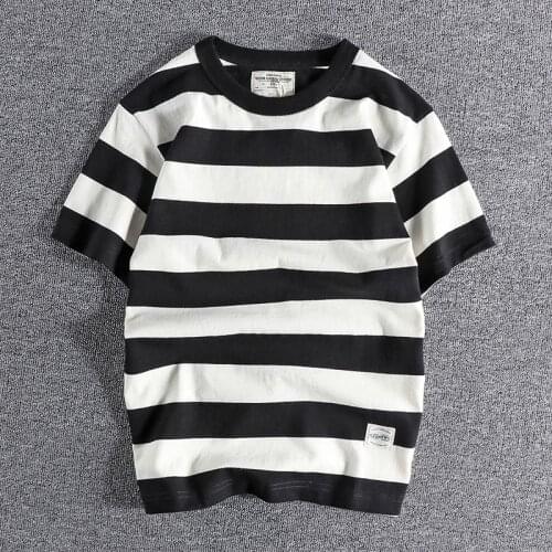 2021 Double yarn cotton high gram weight breathable comfortable mens short sleeve T-shirt loose stripes simple top shirt 163