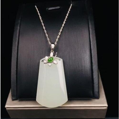 Natural White Jade Pendant with 925 Silver Chain Necklace Trendy Charm Women Jewelry