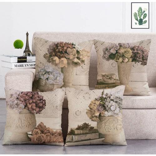 Vintage Style Potted Plant Flower Printed Retro Cushion Cover Linen Throw Pillow Car Home Decoration Decorative Pillowcase T343