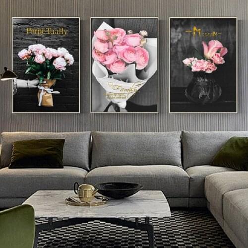 Nordic Pink Rose Flower Canvas Painting Golden Letters Posters And Prints Wall Art Pictures For Living Room Decor Unframed