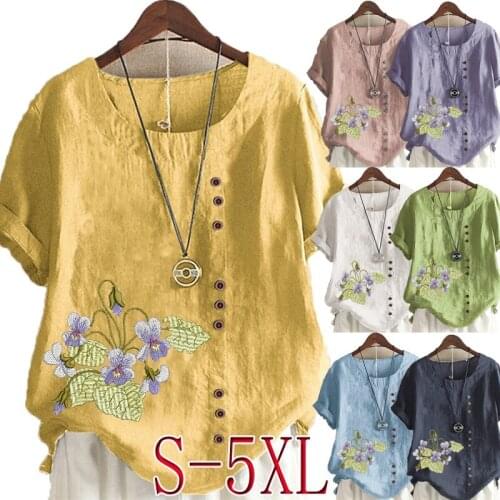 New Women Summer Fashion Shirt Casual Flowers Print Loose T-shirts Vintage Round Neck Plus Size Short Sleeve Blouse Tops S-5XL