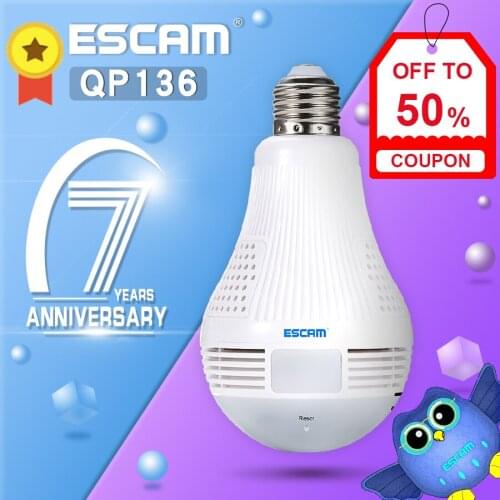 ESCAM QP136 360 Degree Panoramic Bulb Camera HD WiFi IP Camera with Motion Detection, Two-way Audio, 3pcs White Lights