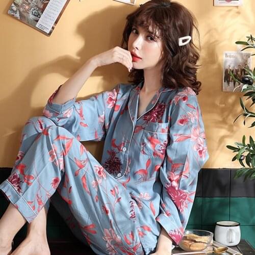JULYS SONG Viscose Women Pajamas Casual Turn-down Collar Pajama Set Long Sleeve Sleepwear Printed Summer Pyjama Female Homewear