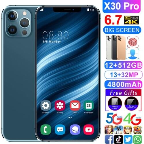 Unlocked 4G Smart Mobile Cell Phone X30PRO Smartphone FullScreen 10-core 512 GB Android 9 Finger Face ID Dual Camera