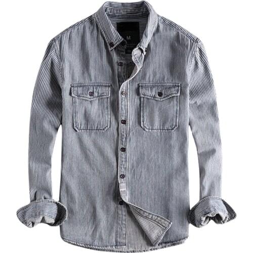 Japanese Harajuku Vertical Stripe Button Down Jean Shirt for Men Urban Boys Streetwear Striped Long Sleeve Denim Shirt Plus Size