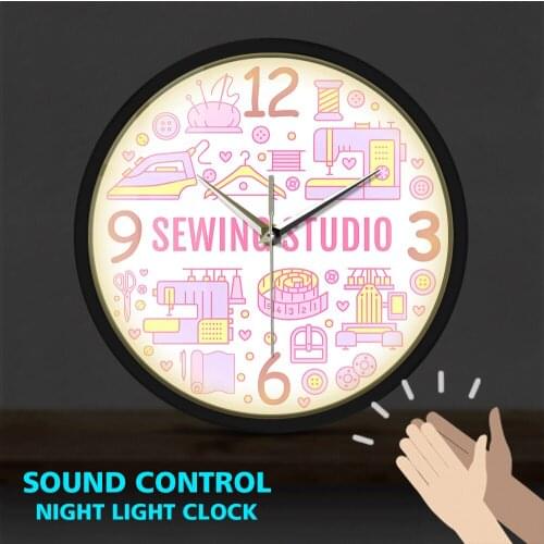 Sewing Studio Non-ticking Metal Frame LED Wall Clock Sound Activated Smart Watch Home Decor Clocks Gift For Tailor Seamstress
