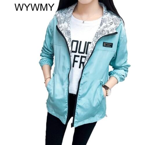 WYWMY Spring Summer Womens Jackets Pocket Zipper Hooded Two Side Wear Outerwear Letter Loose Casual Plus Size Windbreaker Famale